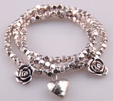 Square Beads 3 Row Bracelet with Heart Charm Alloy Beads Lady Stretch Bracelet