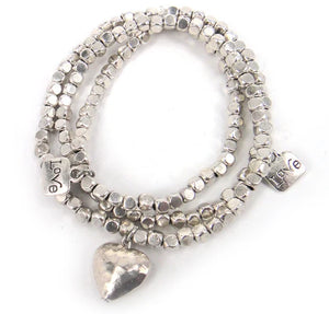 Square Beads 3 Row Bracelet with Heart Charm Alloy Beads Lady Stretch Bracelet
