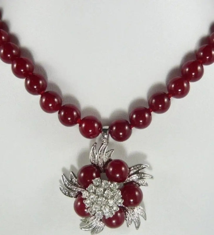 Red Jade Crystal Flower Pendant Necklace