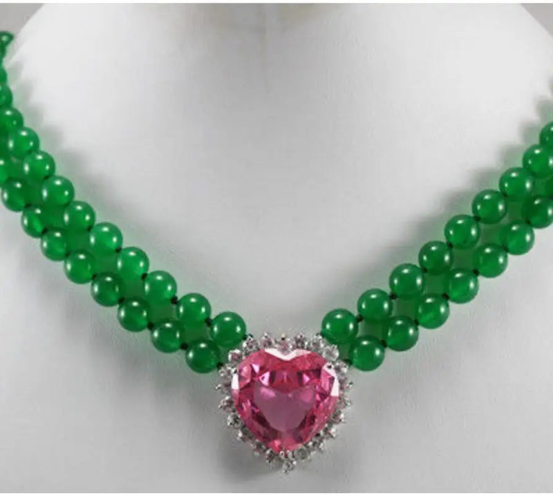 Green & Red Jade Necklace with Crystal Heart Pendant