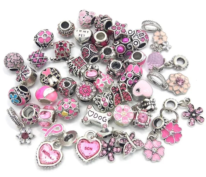 40pcs Pink Rhinestone Oil-Drip Charms Beads for European Bracelet DIY