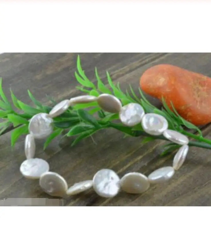 Coin Shape Freshwater Pearl Stretch Bracelet Bangle 7.5''