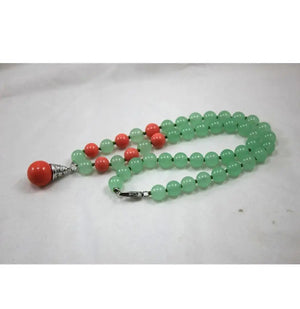 8mm Green Jade Red Coral Necklace + 14mm Red Coral Pendant