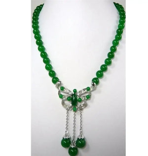Green Jade Beads Necklace + Butterfly Pendants