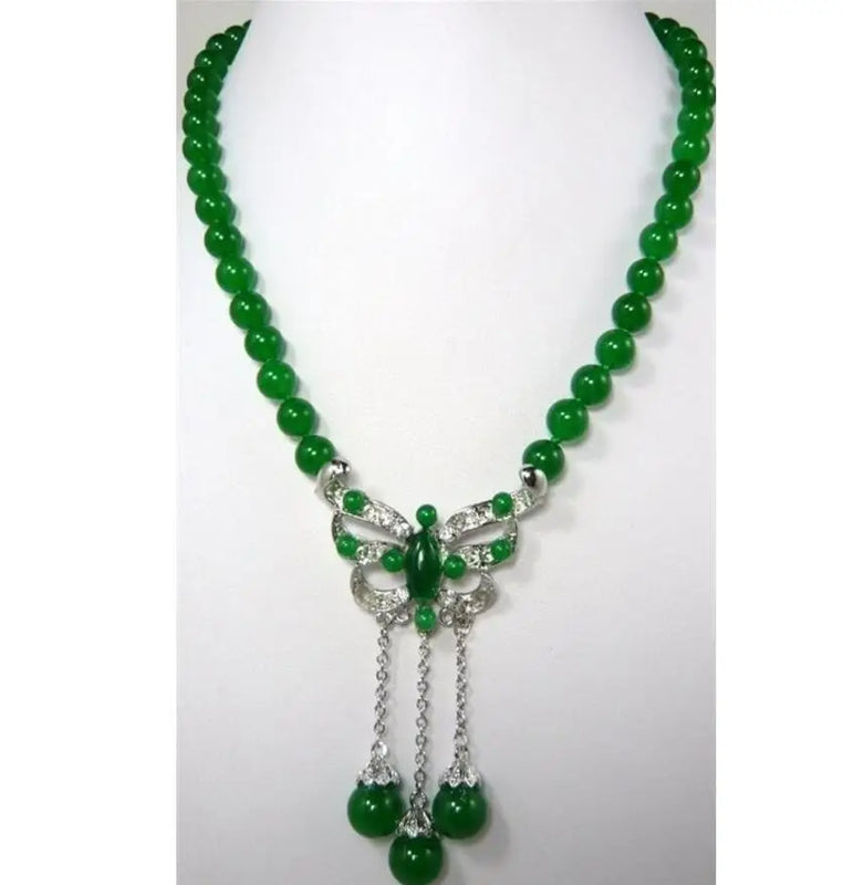 Green Jade Beads Necklace + Butterfly Pendants
