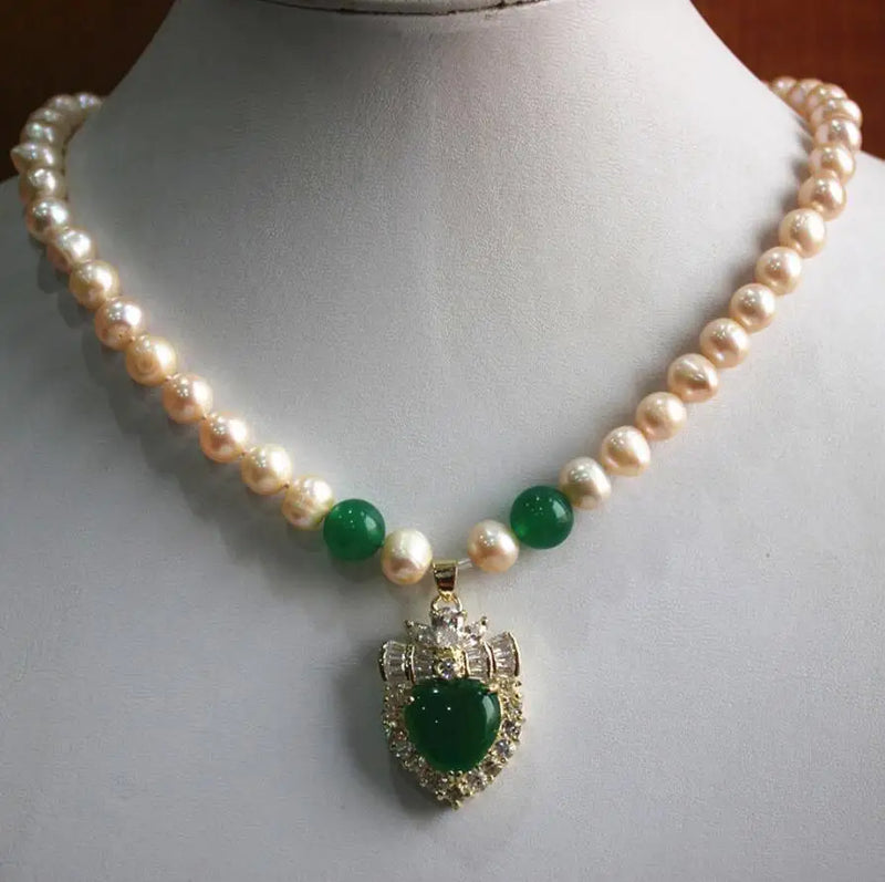 Elegant 8mm Yellow Shell Pearl Mixed Jade Necklace with Green Crystal Pendant