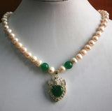 Elegant 8mm Yellow Shell Pearl Mixed Jade Necklace with Green Crystal Pendant