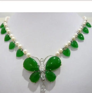 Green Natural Jade Necklace with Butterfly Pendant