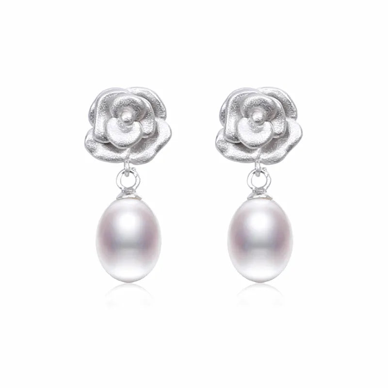 Romantic Rose Sterling Silver Flower Wedding Jewelry with Natural Pearl