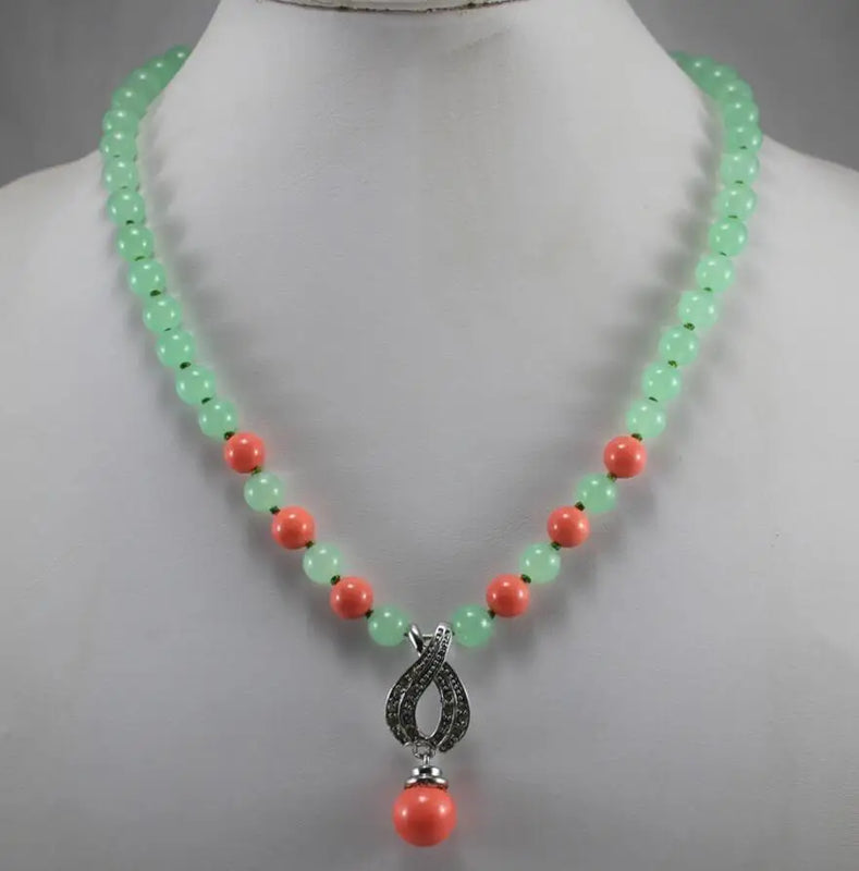 Green Jade & Orange Pearl Necklace + Shell Pearl Pendant