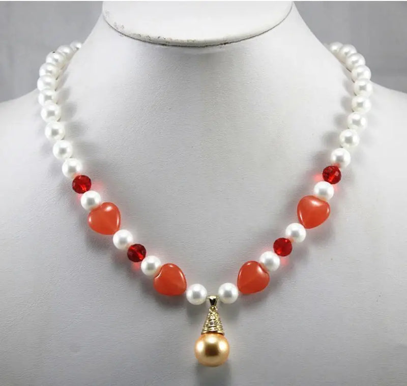 8mm Shell Pearl Red Heart Necklace Yellow Shell Heart Jade Wholesale/Retail