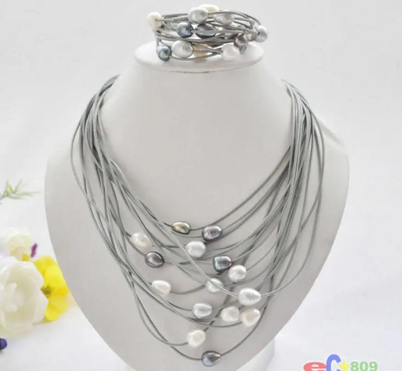 Gray Rice Pearl Gray Leather Necklace & Bracelet Set