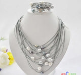 Gray Rice Pearl Gray Leather Necklace & Bracelet Set