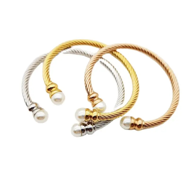 3pcs Freshwater Pearl Cable Bangle Bracelet Set