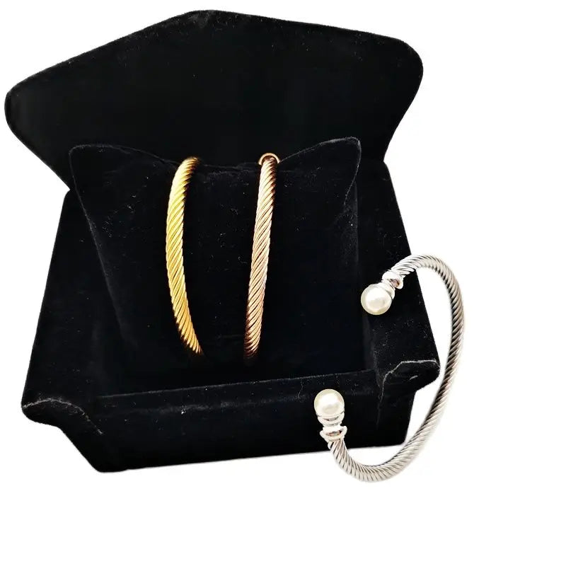 3pcs Freshwater Pearl Cable Bangle Bracelet Set