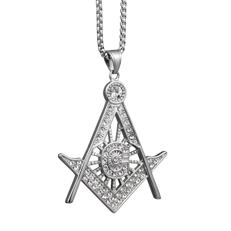 Masonic Square Compass Zircon Pendant Stainless Steel Necklace