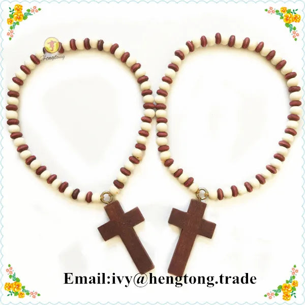 Wood Beads Rosary Bracelet with Wood Cross