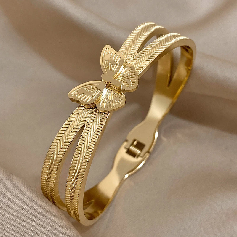 Stainless Steel Butterfly Bangles Bracelets for Women Charm Layered Cuff Bangle