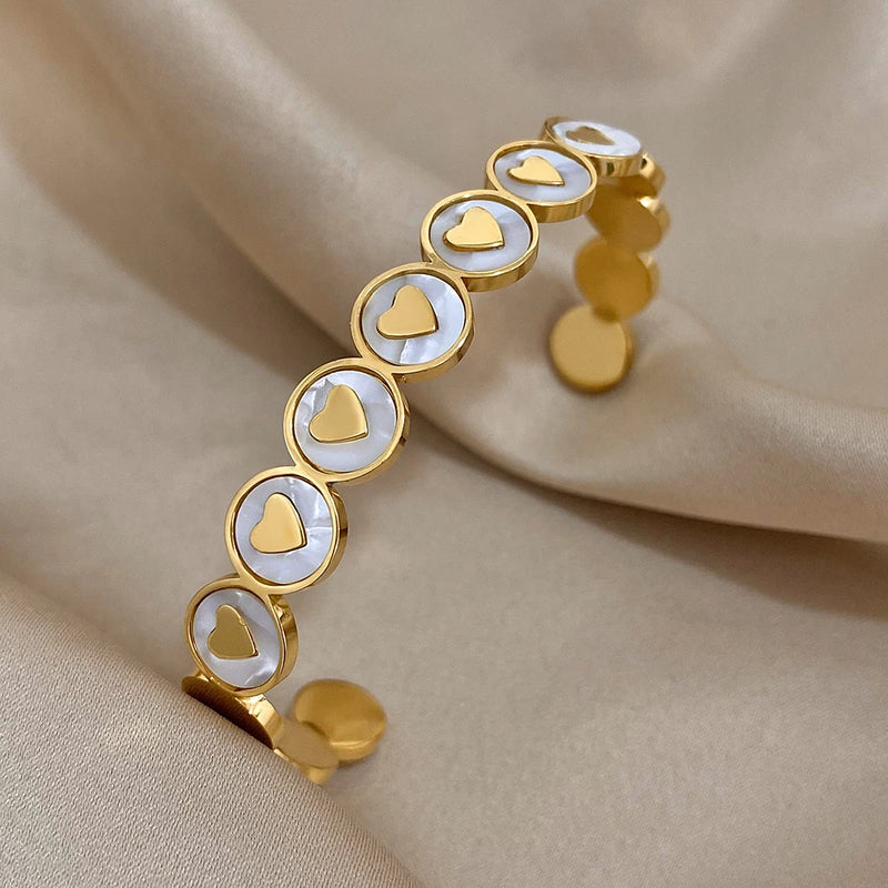 Romantic Love Heart Stainless Steel Open Bangles for Women Shell Charm Bracelets