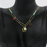 French 14k Eye Pendant Choker Natural Stone Pearl Stainless Steel Necklace