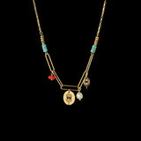 French 14k Eye Pendant Choker Natural Stone Pearl Stainless Steel Necklace