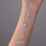 French 925 Silver Butterfly Pearl Zircon Necklace for Women