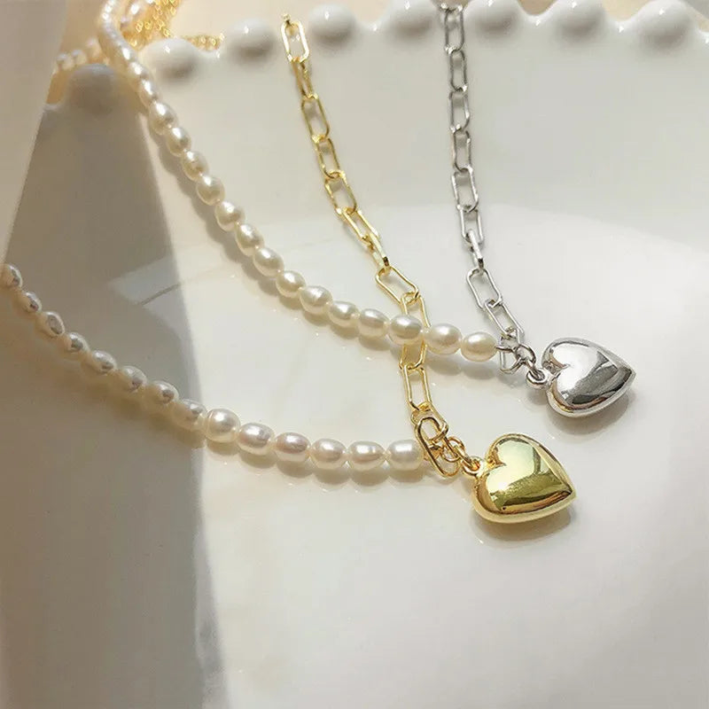 French 925 Silver Pearl Choker Necklace Women Vintage Chain Heart Charm