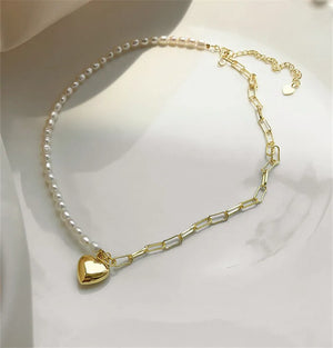 French 925 Silver Pearl Choker Necklace Women Vintage Chain Heart Charm