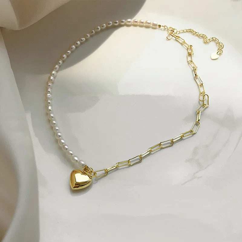 French 925 Silver Pearl Choker Necklace Women Vintage Chain Heart Charm