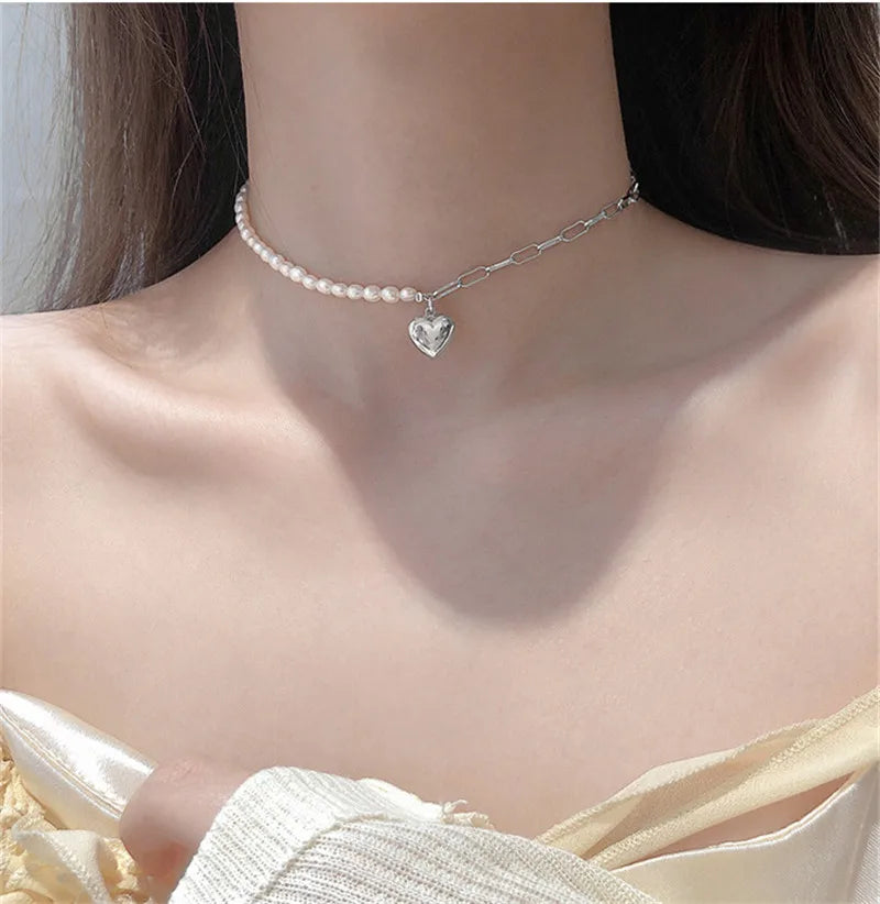 French 925 Silver Pearl Choker Necklace Women Vintage Chain Heart Charm