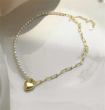 French 925 Silver Pearl Choker Necklace Women Vintage Chain Heart Charm