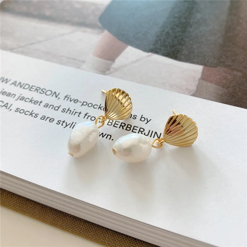 French 925 Silver Shell Baroque Pearls Earrings Women Temperament Ear Jewelry