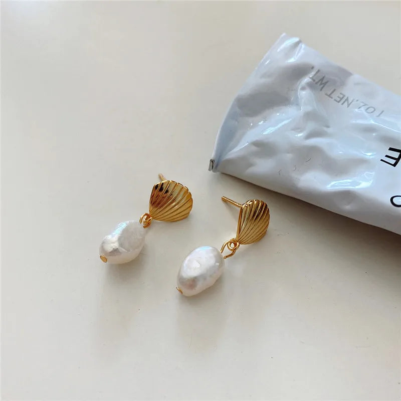 French 925 Silver Shell Baroque Pearls Earrings Women Temperament Ear Jewelry