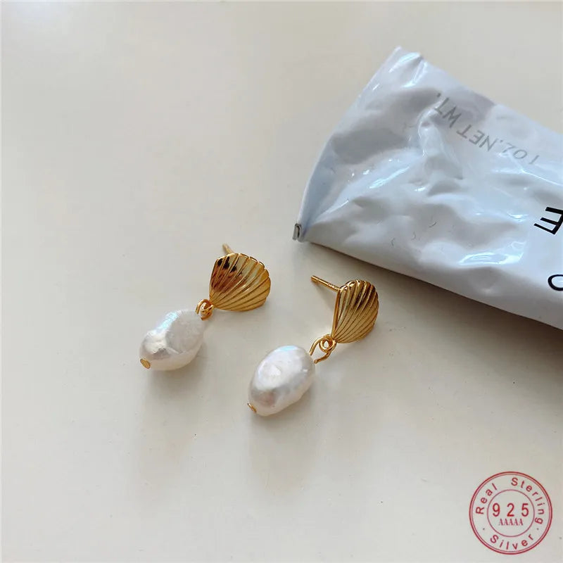 French 925 Silver Shell Baroque Pearls Earrings Women Temperament Ear Jewelry