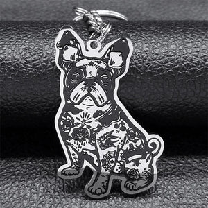 French Bulldog Dog Key Chain Ring Women Stainless Steel Silver Bag Keychain