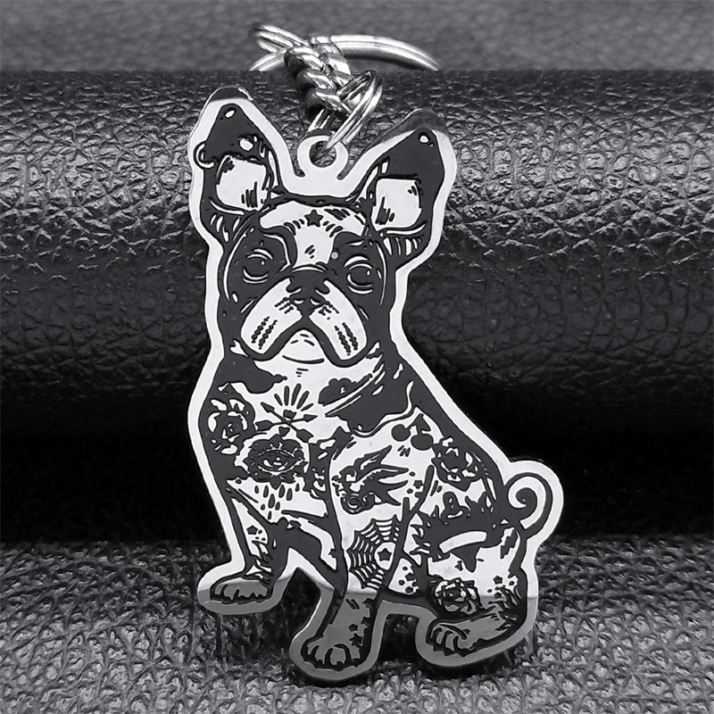 French Bulldog Dog Key Chain Ring Women Stainless Steel Silver Bag Keychain