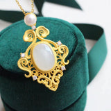 French Court Style S925 Silver Hotian Jade Pendant Necklace Set Women's