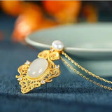 French Court Style S925 Silver Hotian Jade Pendant Necklace Set Women's