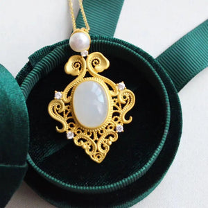 French Court Style S925 Silver Hotian Jade Pendant Necklace Set Women's