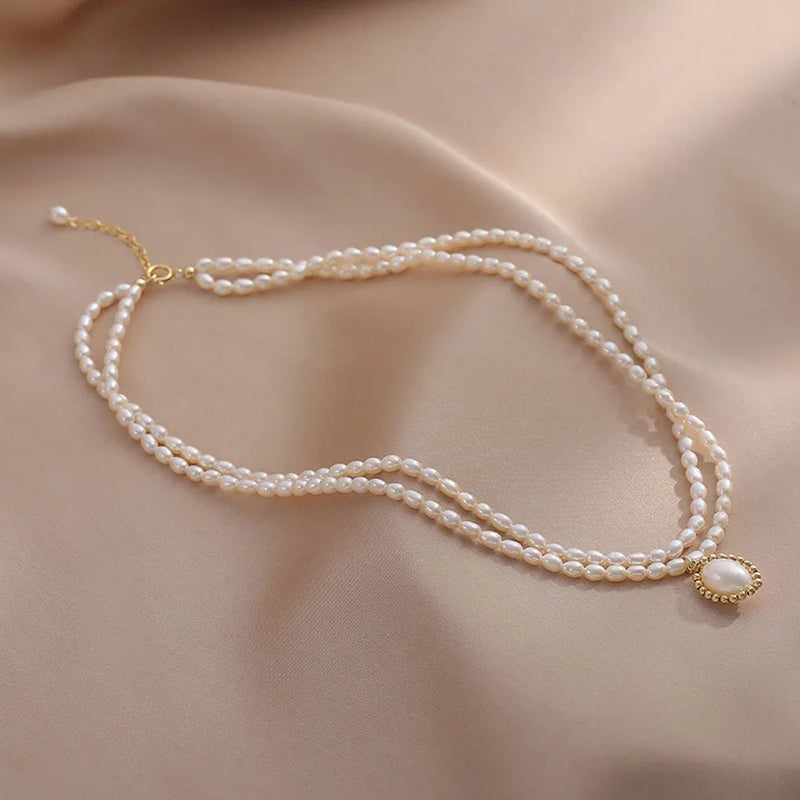 French Elegance 2 Layers Choker Real Pearl Freshwater Necklace for Women