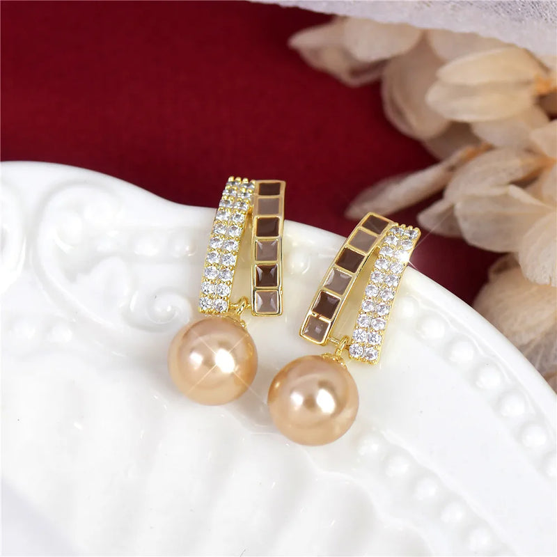 French Brown Stripe Pearl Earrings Advanced Small Jewelry