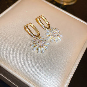 French Temperament Pearl Rhinestone Flower Zircon Ear Buckle Hoop Earrings