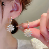 French Temperament Pearl Rhinestone Flower Zircon Ear Buckle Hoop Earrings