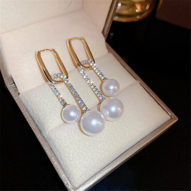 French Temperament U-Shaped Zircon Pearl Earrings