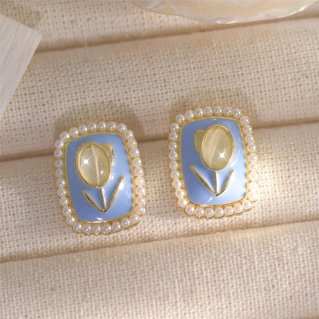 French Tulip Flower Earrings Candy Pearl Vintage Jewelry