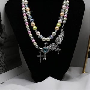 French Retro Pearl Cross Necklace Angel Wings Crystal Green Gem Clavicle Chain