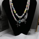 French Retro Pearl Cross Necklace Angel Wings Crystal Green Gem Clavicle Chain