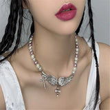 French Retro Pearl Cross Necklace Angel Wings Crystal Green Gem Clavicle Chain