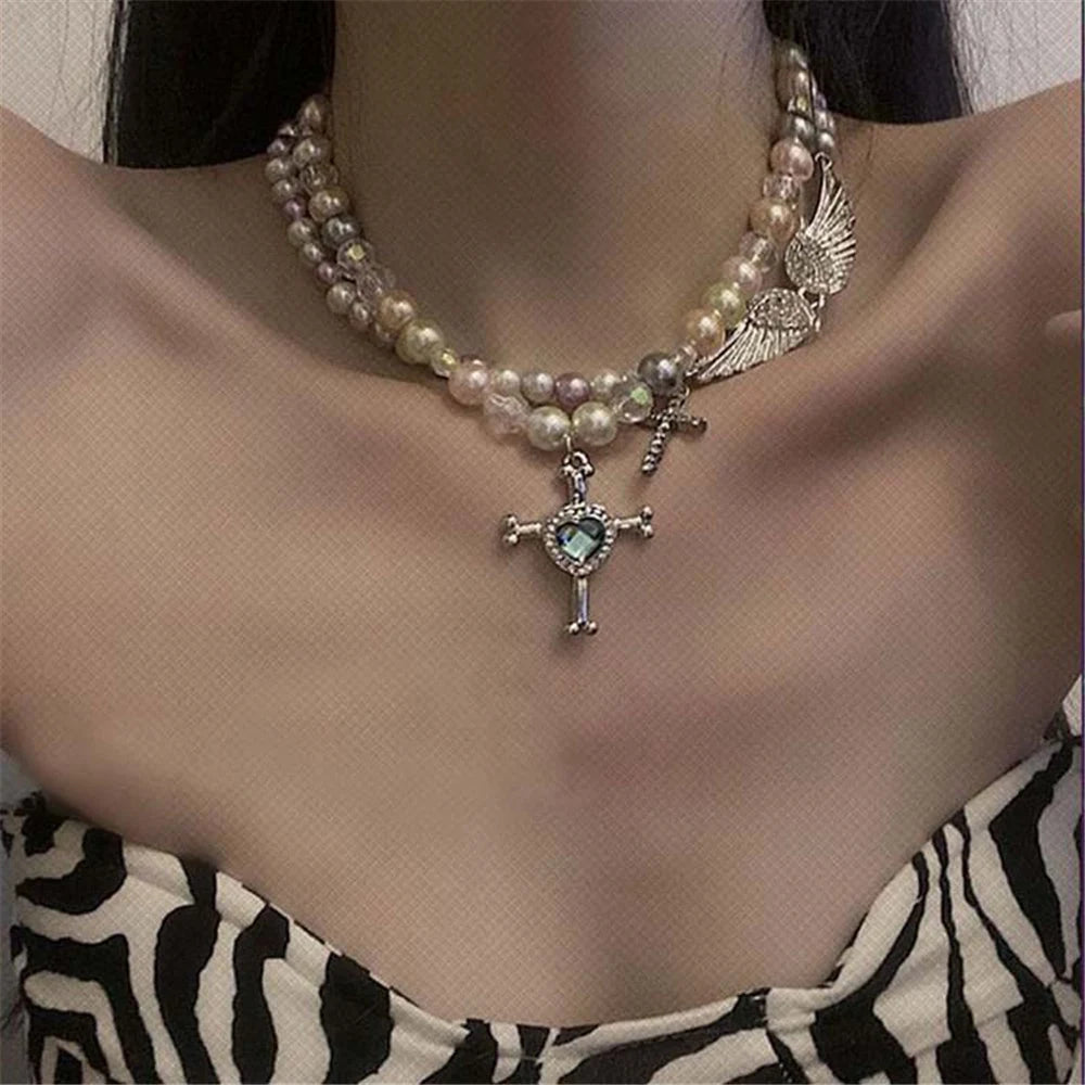 French Retro Pearl Cross Necklace Angel Wings Crystal Green Gem Clavicle Chain