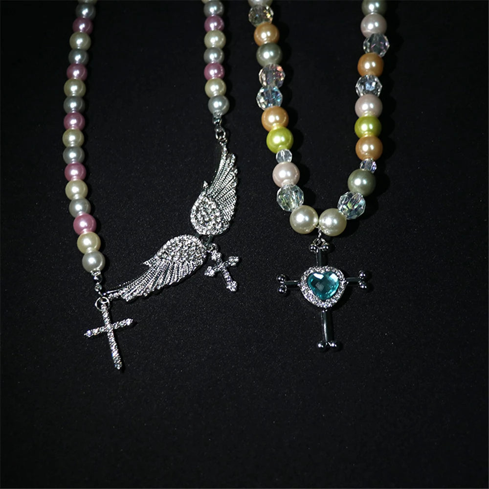 French Retro Pearl Cross Necklace Angel Wings Crystal Green Gem Clavicle Chain